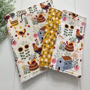 Chicken Rooster Sunflower Farmhouse Dish Drying Mat and Dishcloth Set